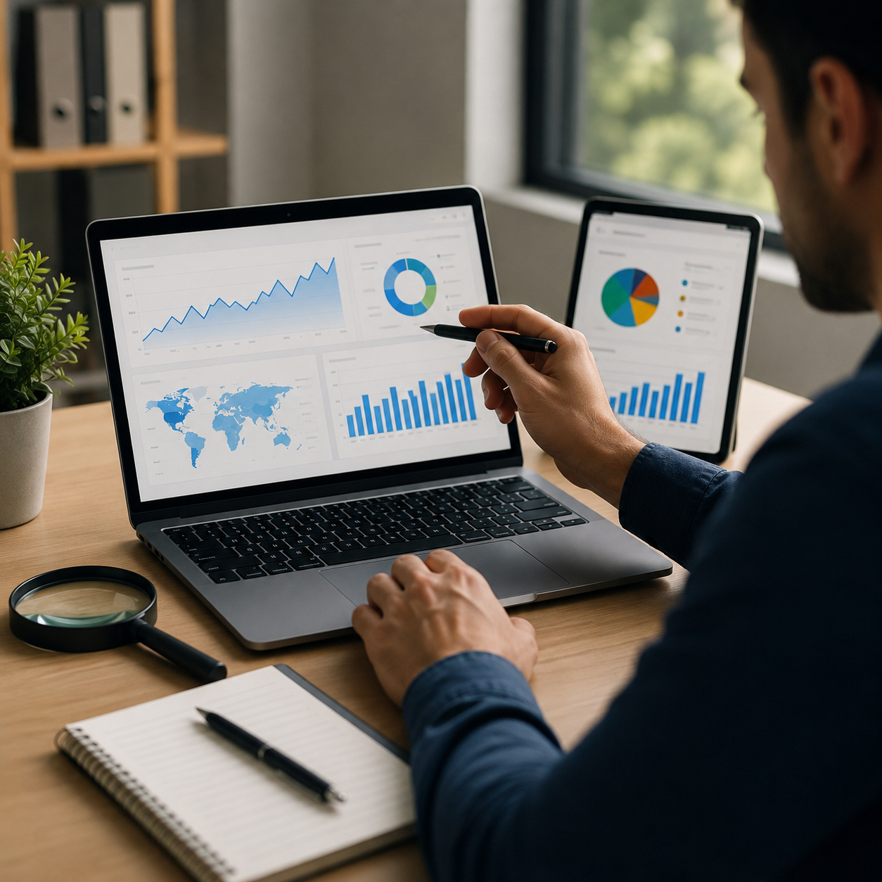 A digital marketing professional analyzing SEO performance metrics on a laptop and tablet in a modern office. The workspace features analytics dashboards, traffic reports, growth charts, and data visualization tools, representing ongoing website optimization, ranking analysis, and performance monitoring for long-term SEO success.