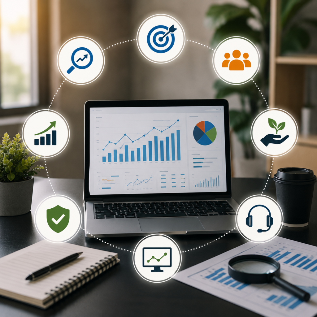 A modern digital marketing workspace featuring a laptop displaying SEO analytics dashboards, surrounded by icons representing search visibility, business growth, customer acquisition, website performance, data analysis, security, support, and sustainable online success. The clean office environment symbolizes ethical, data-driven SEO strategies focused on long-term business growth.