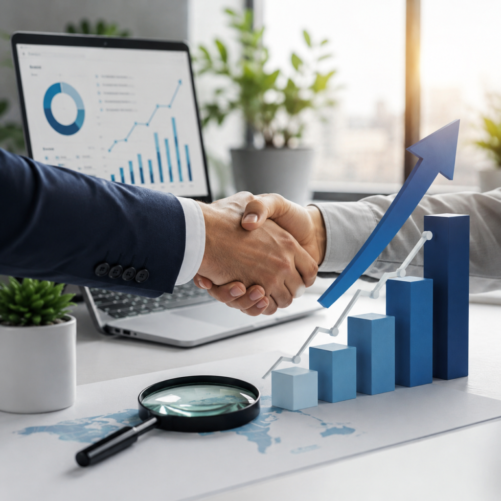 Business professionals shaking hands in a modern office with a laptop displaying analytics, growth charts, and an upward arrow, symbolising SEO strategy, online visibility, long-term business growth, and successful digital marketing collaboration.