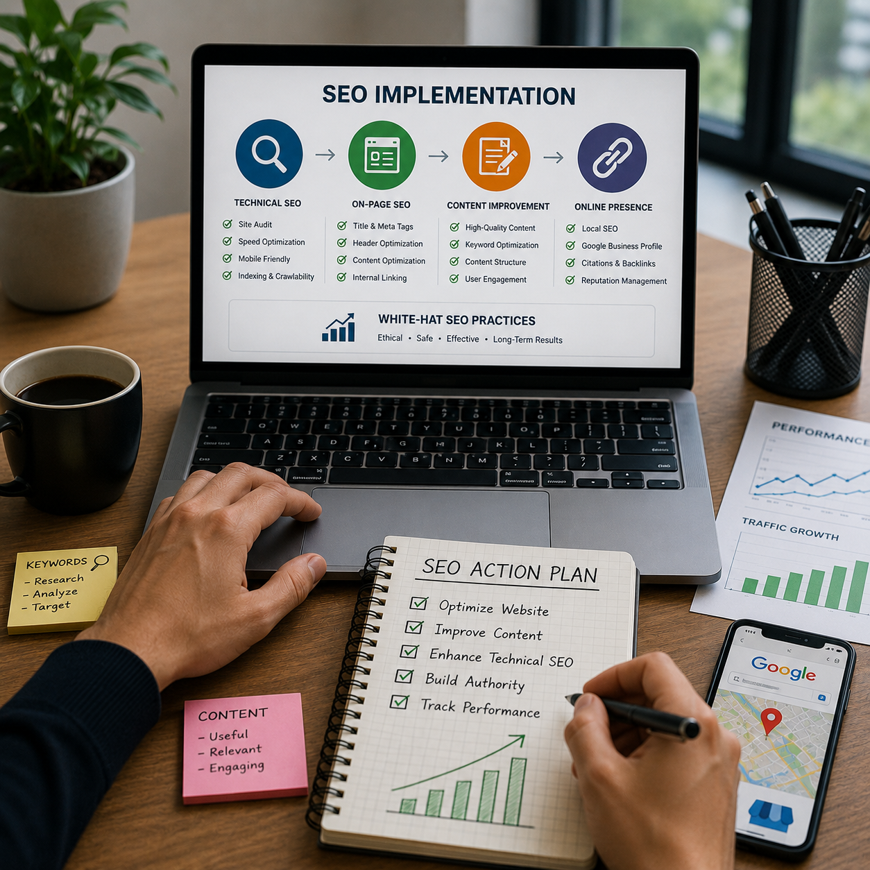 SEO expert implementing technical SEO, on-page optimisation, content improvements, and website optimisation to strengthen online visibility and improve Google search rankings.