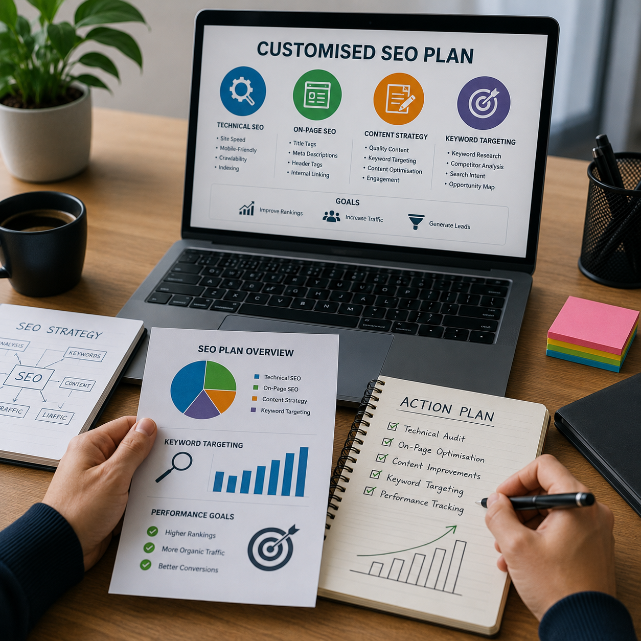 SEO strategist creating a customised SEO plan with keyword research, technical SEO analysis, on-page optimisation, and website performance data to improve Google search rankings